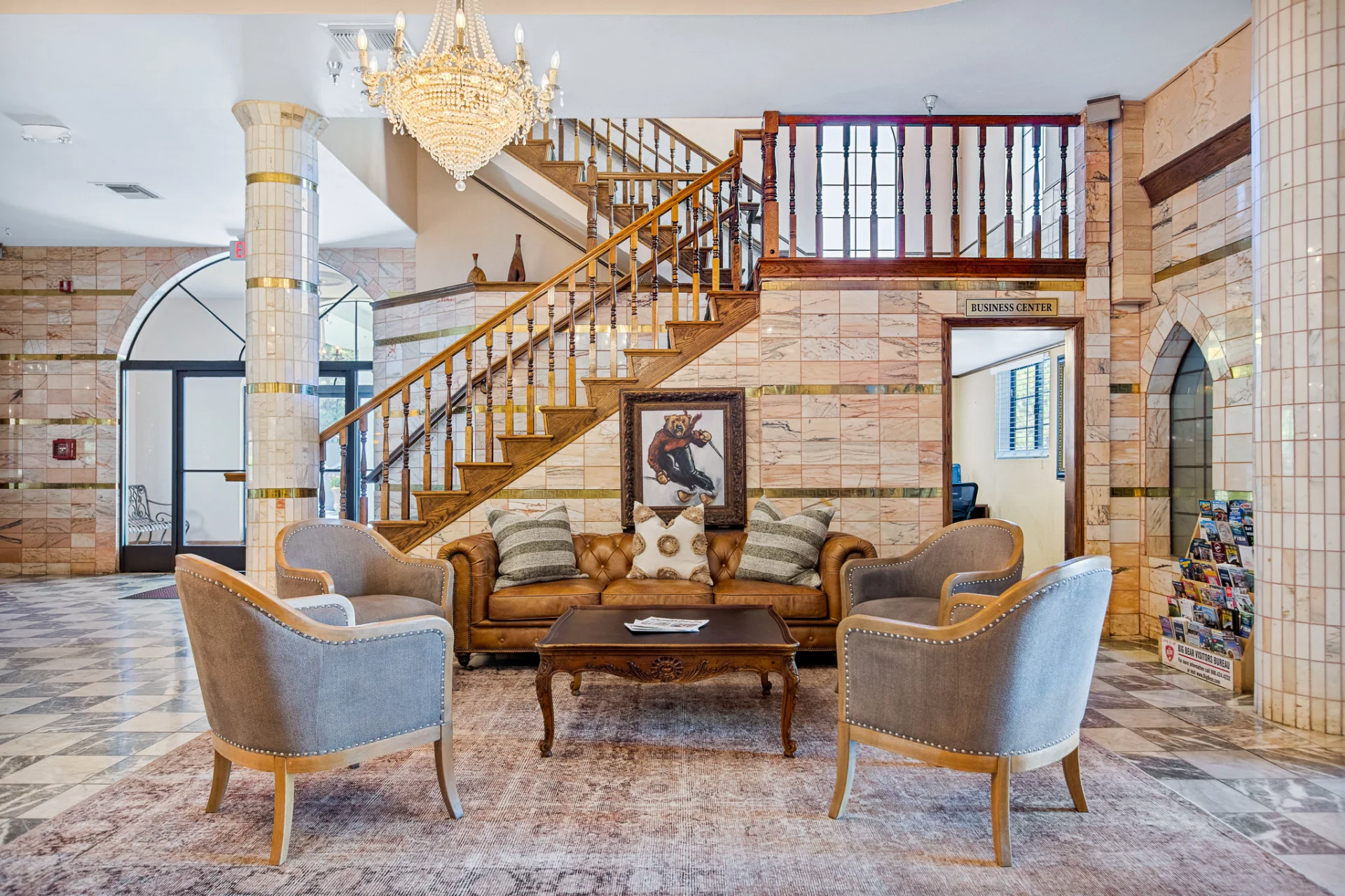 lobby lounge area and grand staircase